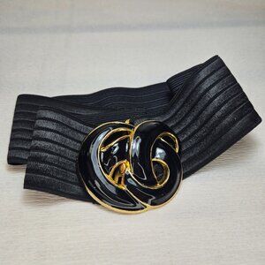 Vintage 80s Day-Lor Black Stretchy Elastic Enamel Buckle Statement Belt